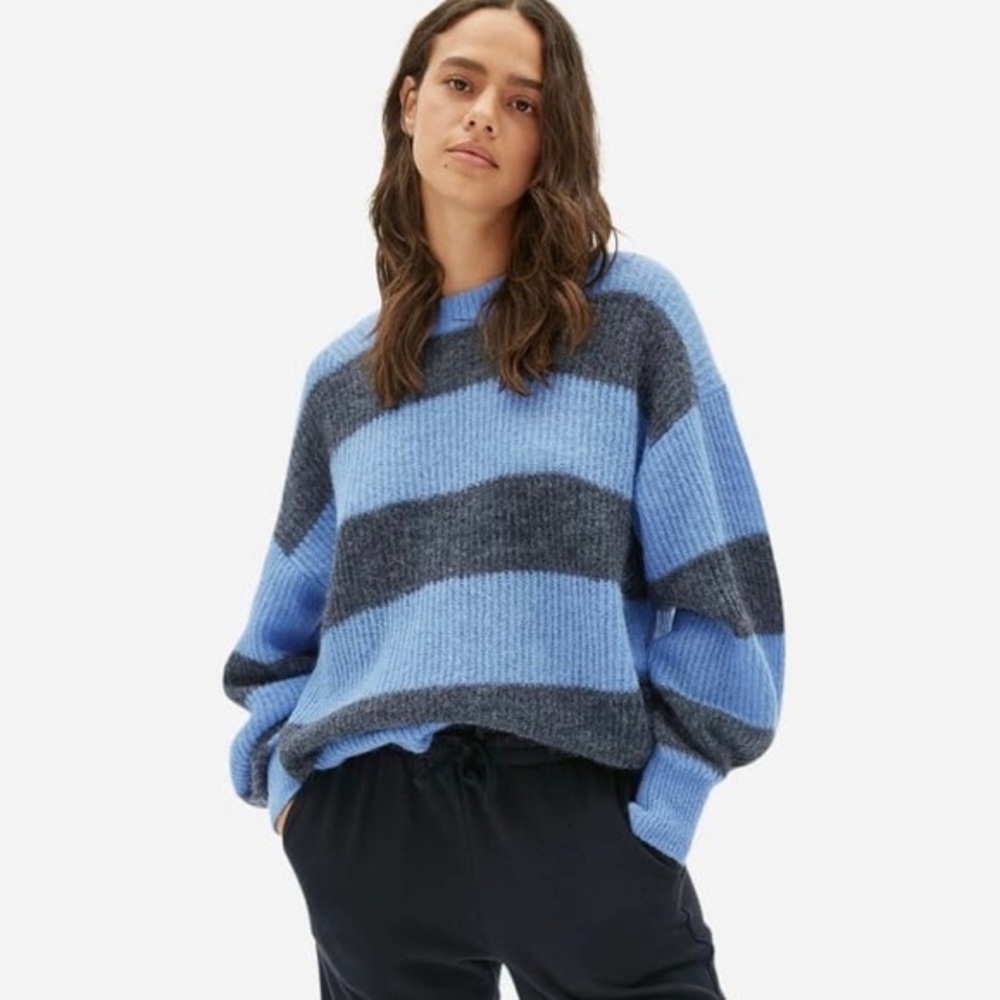 Everlane Alpaca Wool Minimalist Relaxed Gray Blue Stripe Crewneck Sweater XS